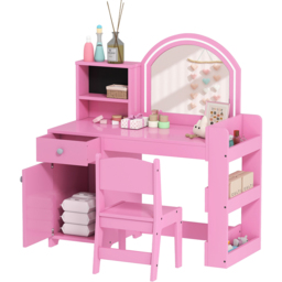 AIYAPLAY 2 Piece Pink LED Mirror Kids Dressing Table and Stool Set - Size: 96.9 x 38.8 x 88.6cm - Wilko - thumbnail 3