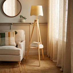 ValueLights Morrigan Natural Wood Shelf White Trim Scallop Shade Tripod Floor Lamp with Bulb - Cream - Wilko - thumbnail 3