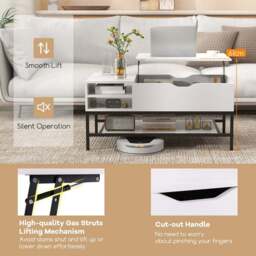Costway 3 Shelf White Lift Up Top Coffee Table - Size: 112 x 57 x 16cm - Wilko - thumbnail 6