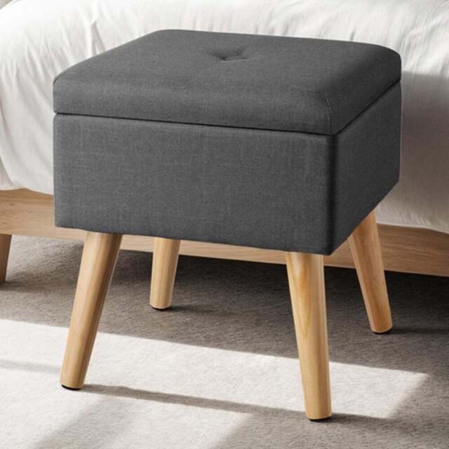 tectake Elva Dark Grey Linen Look Padded Stool with Storage - Size: 36.5 x 32.5 x 32.5cm - Wilko - image 1