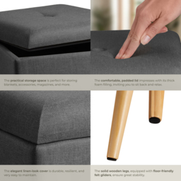 tectake Elva Dark Grey Linen Look Padded Stool with Storage - Size: 36.5 x 32.5 x 32.5cm - Wilko - thumbnail 6