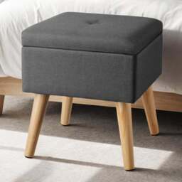 tectake Elva Dark Grey Linen Look Padded Stool with Storage - Size: 36.5 x 32.5 x 32.5cm - Wilko