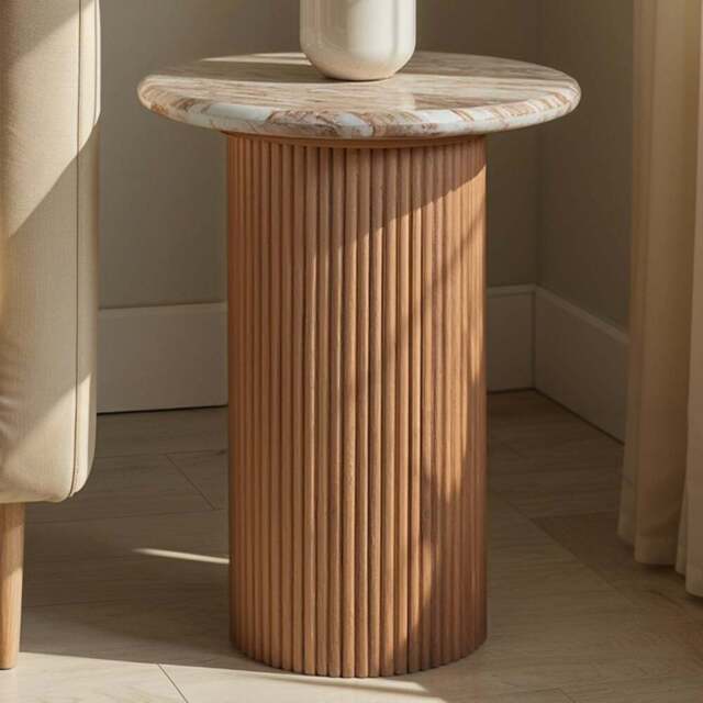IH Design Bundi Natural Marble and Wood Pedestal Side Table - Size: 55 x 40 x 40cm - Brown - Wilko - image 1