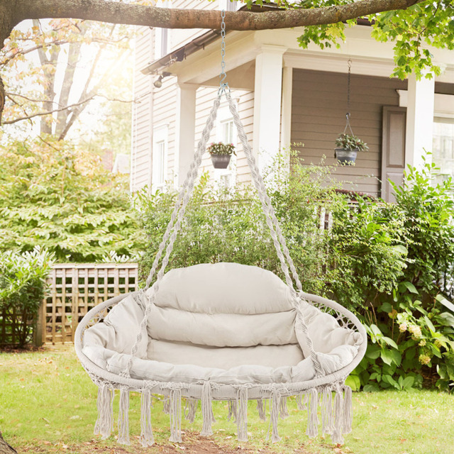 Costway Beige Hand Woven Rope Hanging Chair with Thick Cushion - Size: 136 x 77 x 9cm - Cream - Wilko - image 1