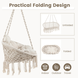 Costway Beige Hand Woven Rope Hanging Chair with Thick Cushion - Size: 136 x 77 x 9cm - Cream - Wilko - thumbnail 7