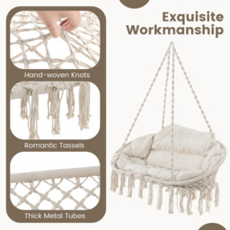 Costway Beige Hand Woven Rope Hanging Chair with Thick Cushion - Size: 136 x 77 x 9cm - Cream - Wilko - thumbnail 6