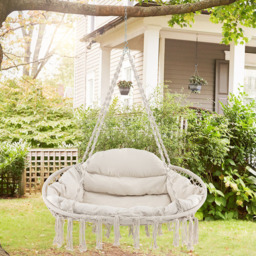 Costway Beige Hand Woven Rope Hanging Chair with Thick Cushion - Size: 136 x 77 x 9cm - Cream - Wilko - thumbnail 1
