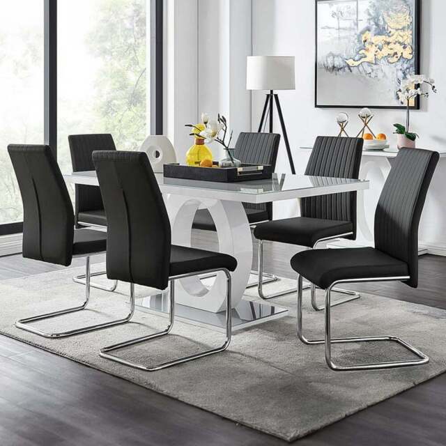 Furniturebox Lucia Fontant 6 Seater Dining Set Grey Gloss Black and Chrome - Wilko - image 1
