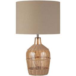 Lighting Collection Beach Rattan and Glass Table Lamp - Size: 42 x 34 x 34cm - Natural, Champagne and Chrome - Wilko