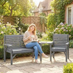 Outsunny 3 Seater Grey Wooden Detachable Table Garden Companion Set with Parasol Hole - Grey Embossed Finish - Wilko - thumbnail 4