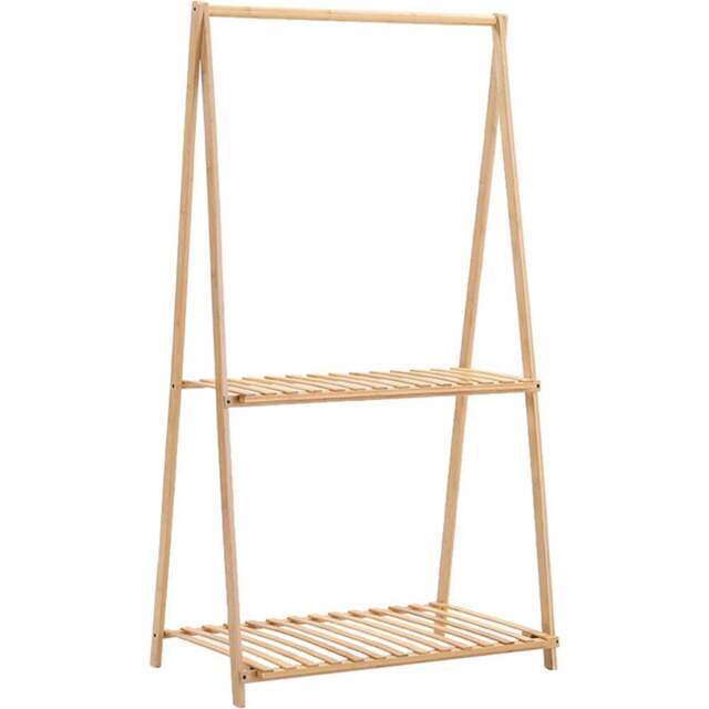 Living and Home 2 Shelf Bamboo Foldable Plant Stand with Hanging Rod - Brown - Wilko - image 1