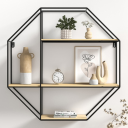 Living and Home 3 Shelf Octagonal Floating Decorative Wall Shelf - Size: 51 x 51 x 12cm - Black - Wilko