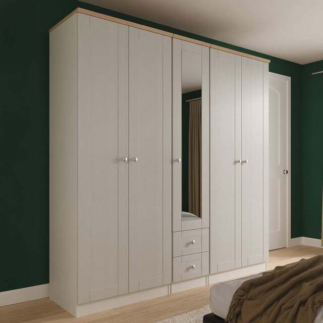 Crowndale Sussex 5 Door 2 Drawer Grey Ash and Bardolino Oak Tall Mirror Wardrobe Ready Assembled - Grey Ash & Bardolino Oak - Wilko - image 1