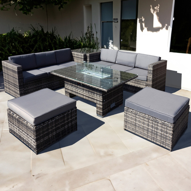 Oseasons Malta 8 Seater Grey Walnut Rattan Rising Firepit Corner Sofa Set with 2 Footstool - Brown - Wilko - image 1