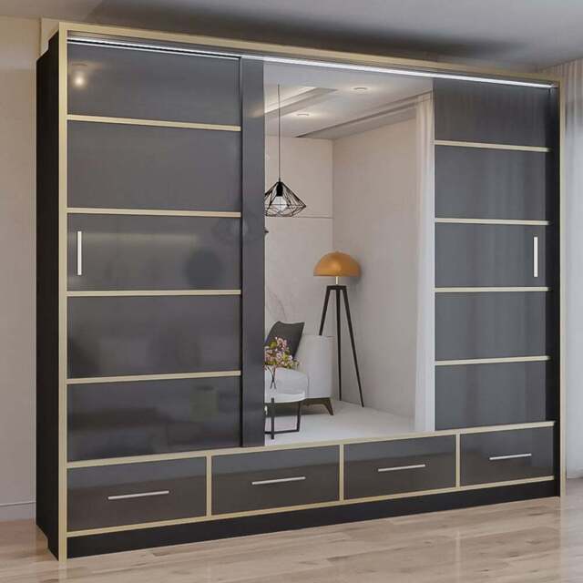 Sliding Wardrobes 4U 2 Sliding Door Black Modern Wide High Gloss Mirrored Wardrobe 253cm - Size: 2 Door - Wilko - image 1