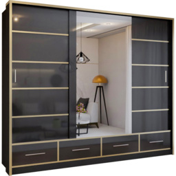 Sliding Wardrobes 4U 2 Sliding Door Black Modern Wide High Gloss Mirrored Wardrobe 253cm - Size: 2 Door - Wilko - thumbnail 3