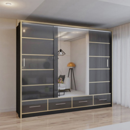 Sliding Wardrobes 4U 2 Sliding Door Black Modern Wide High Gloss Mirrored Wardrobe 253cm - Size: 2 Door - Wilko - thumbnail 4