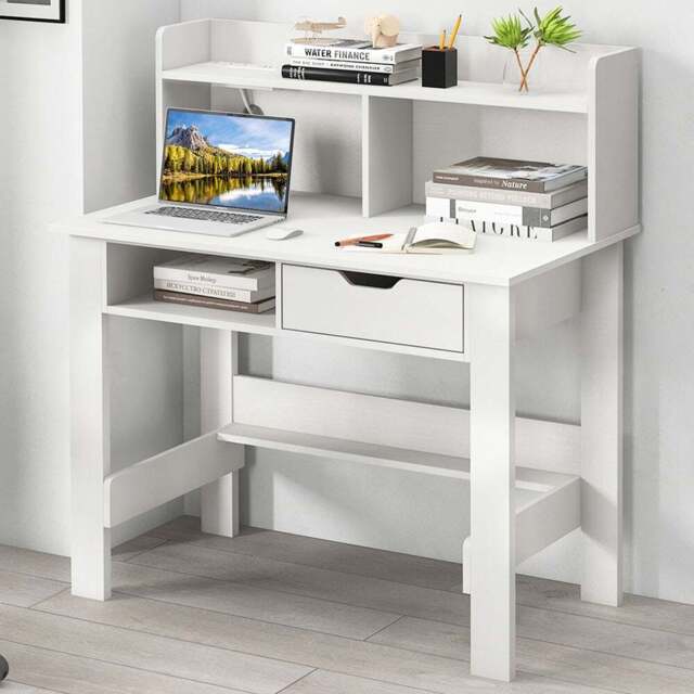 Costway Single Drawer 4 Shelf Computer Desk with USB Port White - Size: 106 x 67 x 17cm - Wilko