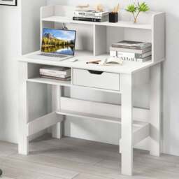 Costway Single Drawer 4 Shelf Computer Desk with USB Port White - Size: 106 x 67 x 17cm - Wilko - thumbnail 1