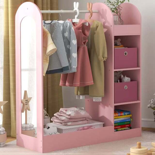AIYAPLAY Pink Kids Cloth Rail with Storage Shelf and Mirror - Wilko - image 1