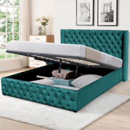 Comfy Living Double Green Winged Plush Velvet Fabric Gas Lift Ottoman Bed Frame - Wilko
