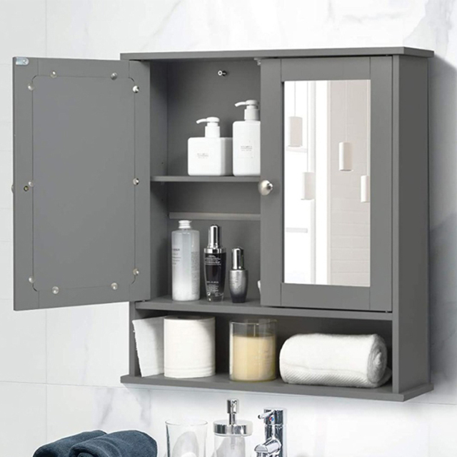 Costway Grey Adjustable Wooden Hanging Medicine Organizer with Mirror - Size: 64 x 34 x 13cm - Wilko