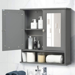Costway Grey Adjustable Wooden Hanging Medicine Organizer with Mirror - Size: 64 x 34 x 13cm - Wilko - thumbnail 1