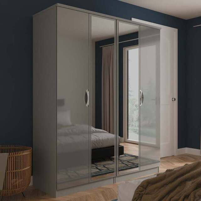 Crowndale Camden 4 Door Grey Gloss and Dusk Grey Mirrored Wardrobe Ready Assembled - Grey Gloss & Dusk Grey - Wilko - image 1