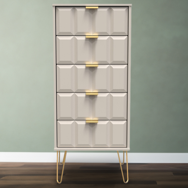 Crowndale Cube 5 Drawer Matt Kashmir Narrow Chest of Drawers Ready Assembled - Cream - Wilko - image 1