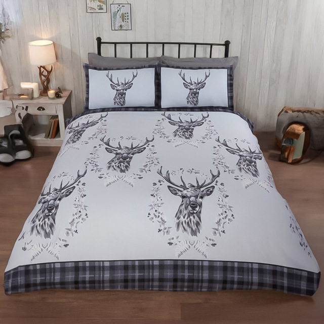 Rapport Home Single Grey Brushed Cotton New Angus Stag Duvet Set - Silver - Wilko - image 1
