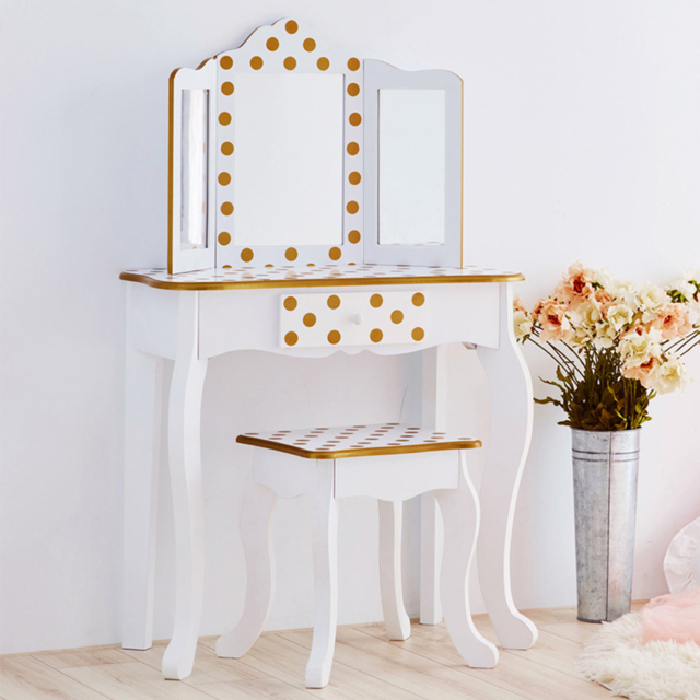 Teamson Kids Fashion White and Gold Polka Dot Prints Gisele Play Vanity Set - Size: 99.7 x 29.8 x 59.7cm - Wilko - image 1