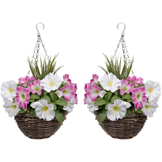 GreenBrokers Artificial Pink and White Petunias Round Rattan Hanging Plant Baskets 2 Pack - Size: 25 x 50 x 36cm - Multi - Wilko - image 1