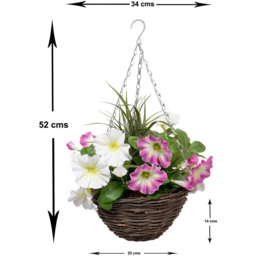GreenBrokers Artificial Pink and White Petunias Round Rattan Hanging Plant Baskets 2 Pack - Size: 25 x 50 x 36cm - Multi - Wilko - thumbnail 4
