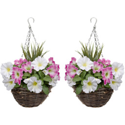 GreenBrokers Artificial Pink and White Petunias Round Rattan Hanging Plant Baskets 2 Pack - Size: 25 x 50 x 36cm - Multi - Wilko