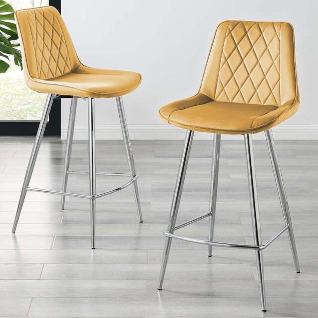 Furniturebox Cesano Mustard and Silver Velvet Bar Stool Set of 2 - Yellow - Wilko - image 1