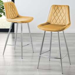 Furniturebox Cesano Mustard and Silver Velvet Bar Stool Set of 2 - Yellow - Wilko - thumbnail 1