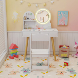 Costway 2 Drawer Single Shelf White Wooden Kids Vanity Set with Lighted Mirror and Hooks - Size: 70 x 34 x 101cm - Wilko - thumbnail 5