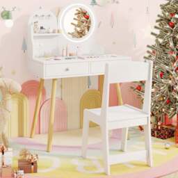 Costway 2 Drawer Single Shelf White Wooden Kids Vanity Set with Lighted Mirror and Hooks - Size: 70 x 34 x 101cm - Wilko