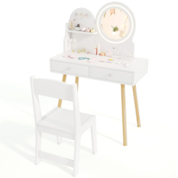 Costway 2 Drawer Single Shelf White Wooden Kids Vanity Set with Lighted Mirror and Hooks - Size: 70 x 34 x 101cm - Wilko - thumbnail 4