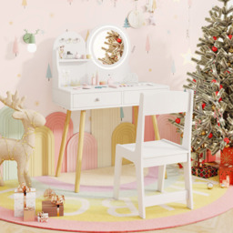 Costway 2 Drawer Single Shelf White Wooden Kids Vanity Set with Lighted Mirror and Hooks - Size: 70 x 34 x 101cm - Wilko - thumbnail 6