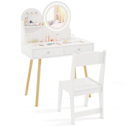 Costway 2 Drawer Single Shelf White Wooden Kids Vanity Set with Lighted Mirror and Hooks - Size: 70 x 34 x 101cm - Wilko - thumbnail 3