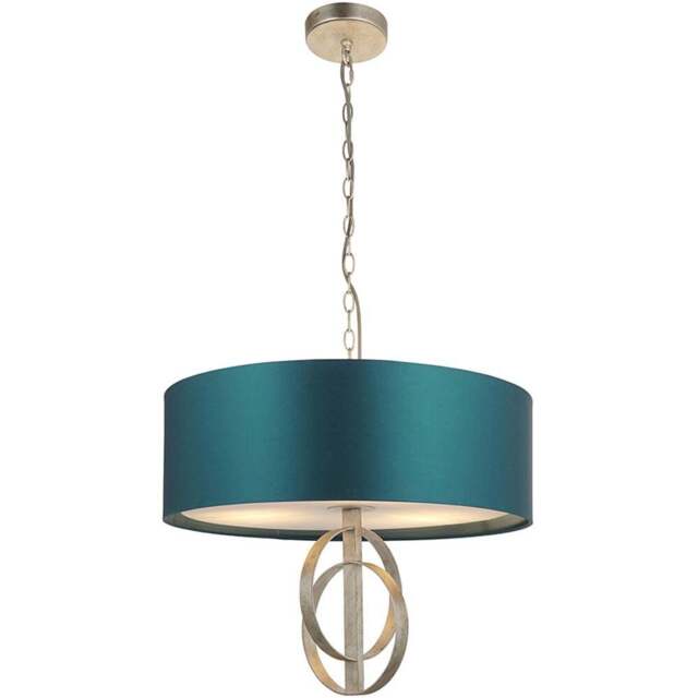Merano Trento Antique Silver and Teal Satin Fabric 3 Light Pendant Ceiling Light - Size: 60 x 60 x 198cm - Wilko - image 1