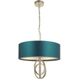 Merano Trento Antique Silver and Teal Satin Fabric 3 Light Pendant Ceiling Light - Size: 60 x 60 x 198cm - Wilko