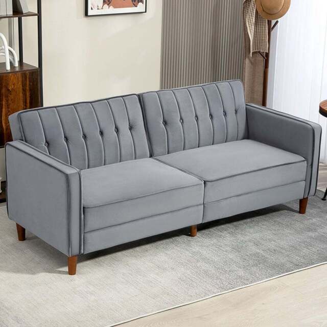 HOMCOM 3 Seater Dark Grey Velvet Button Tufted Sofa Bed - Green - Wilko - image 1