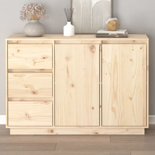 vidaXL 2 Door 3 Drawer Natural Solid Pine Wood Sideboard - Size: 75 x 111 x 34cm - Brown - Wilko - image 1