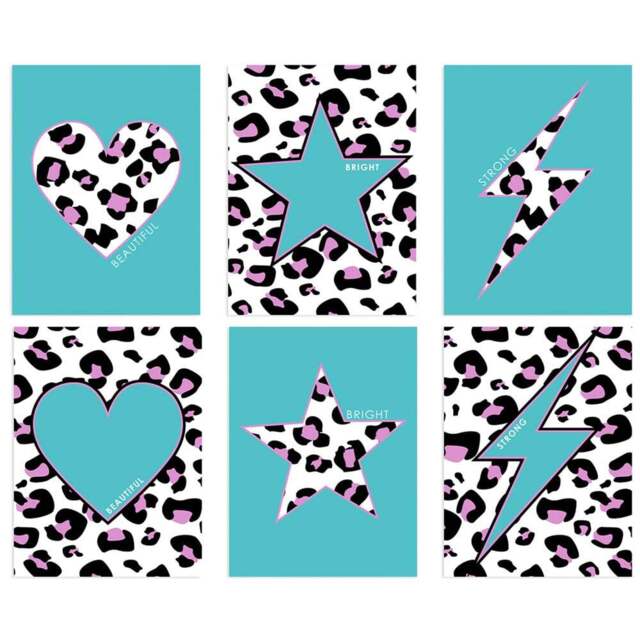 Wee Blue Coo Turquoise and Purple Leopard Pattern Bold Shapes Wall Art Print 30 x 41cm 6 Pack - Size: 40.5 x 30.5 x 0.3cm - Wilko - image 1