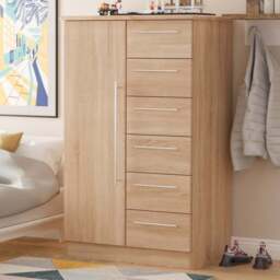 Crowndale Sherwood Single Door 6 Drawer Bardolino Oak Children Wardrobe - Size: Single Door, 6 Drawer - Brown - Wilko - thumbnail 1