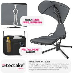 tectake Elaria Grey Large UV Protection Sun Canopy Hanging Chair - Size: 197 x 132 x 195cm - Wilko - thumbnail 4