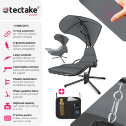 tectake Elaria Grey Large UV Protection Sun Canopy Hanging Chair - Size: 197 x 132 x 195cm - Wilko - thumbnail 7