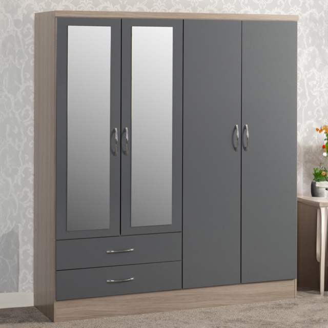 Seconique Nevada 4 Door 2 Drawer Grey Gloss and Light Oak Veneer Mirror Wardrobe - Size: 4 Door, 2 Drawer - Wilko - image 1